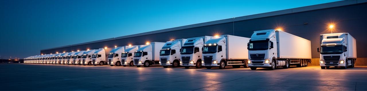 Rows of freight trucks in a modern logistics hub