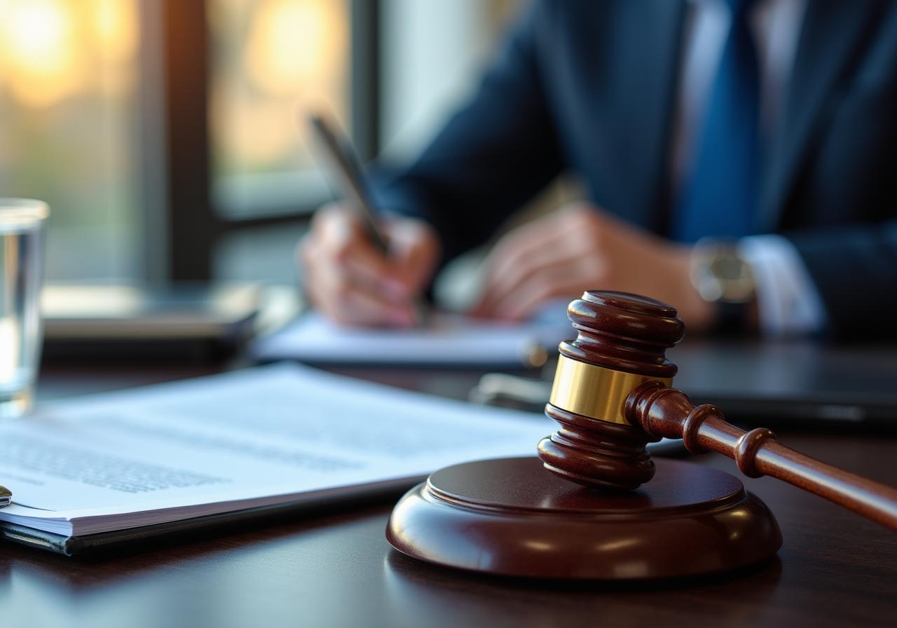 Legal documents and gavel on a modern desk